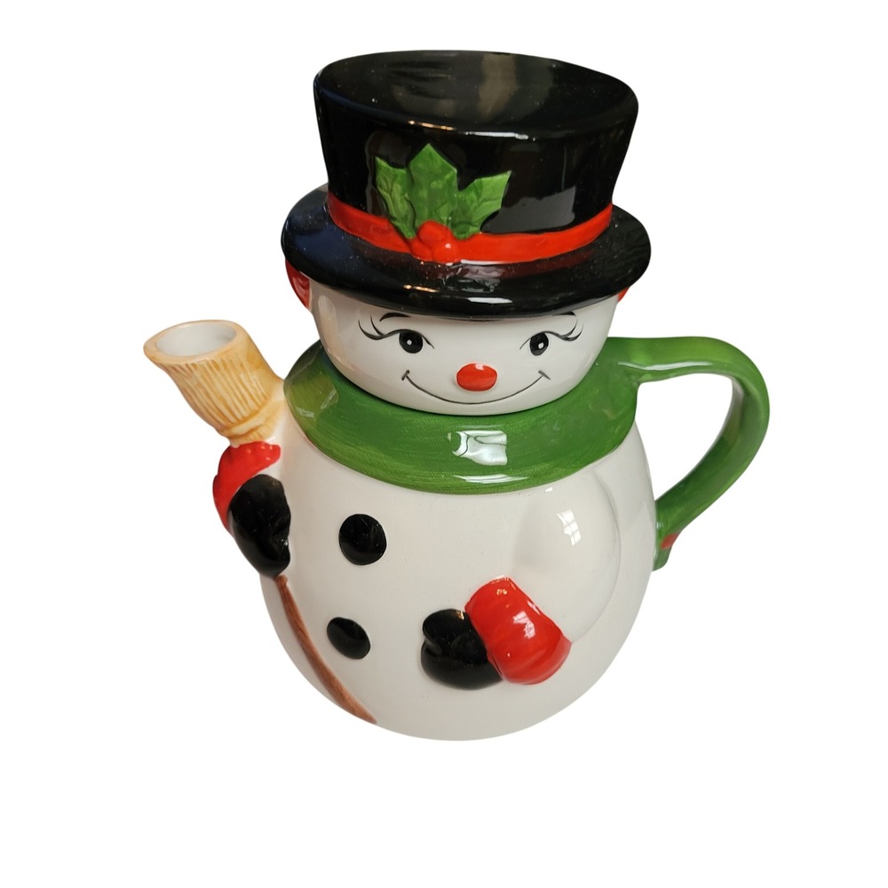 Christmas Village Snowman‎ Earthenware Tea Pot Lid Top Hat Scarf Festive in box